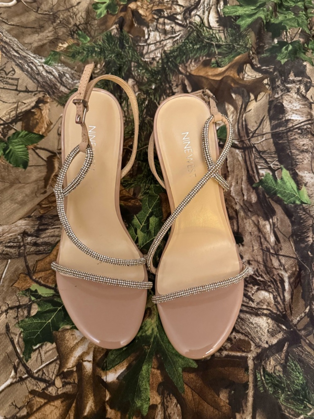 Nine West Blush Strappy Heels with Rhinestone Accent
